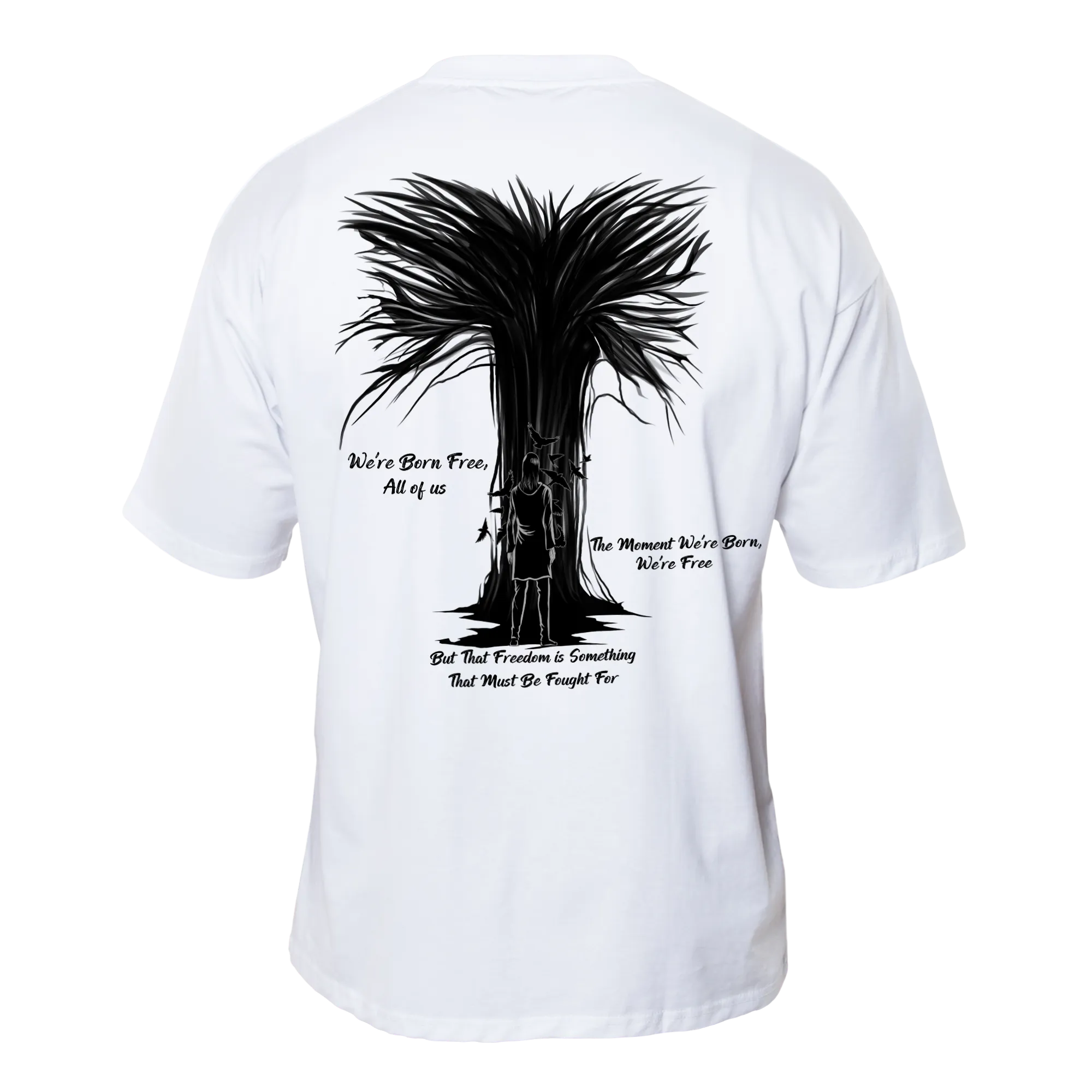 FREEDOM Premium Anime Shirt – Ecru – Back View with Figure and Tree – Streetwear by RAKUN
