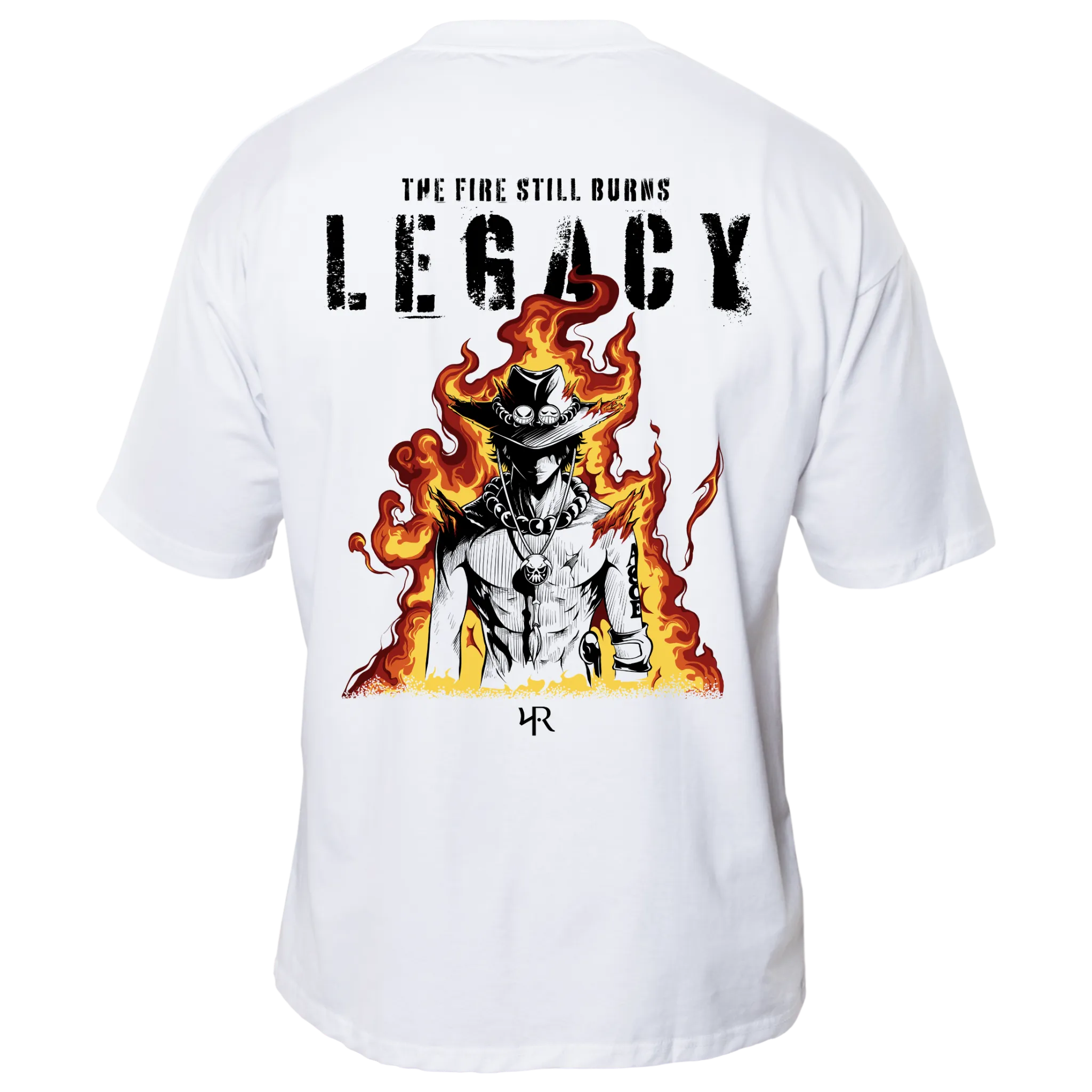 Back view of ecru LEGACY T-shirt — Portgas D. Ace inspired design from One Piece, fiery anime artwork printed on premium ecru cotton shirt by RAKUN.