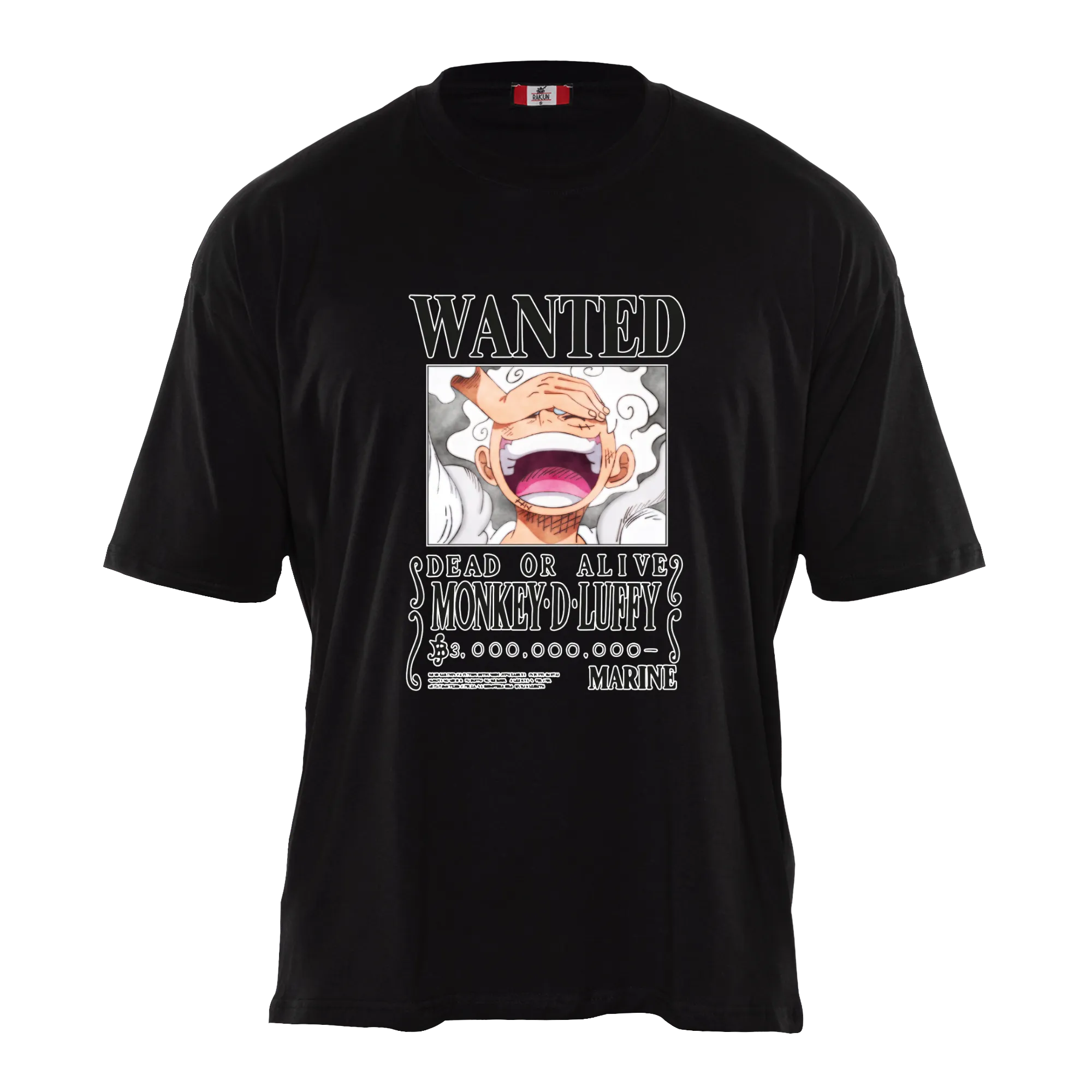 Black T-shirt with a bold 'Luffy's New Bounty' print featuring Monkey D. Luffy, alias Sun God Nika, from One Piece.