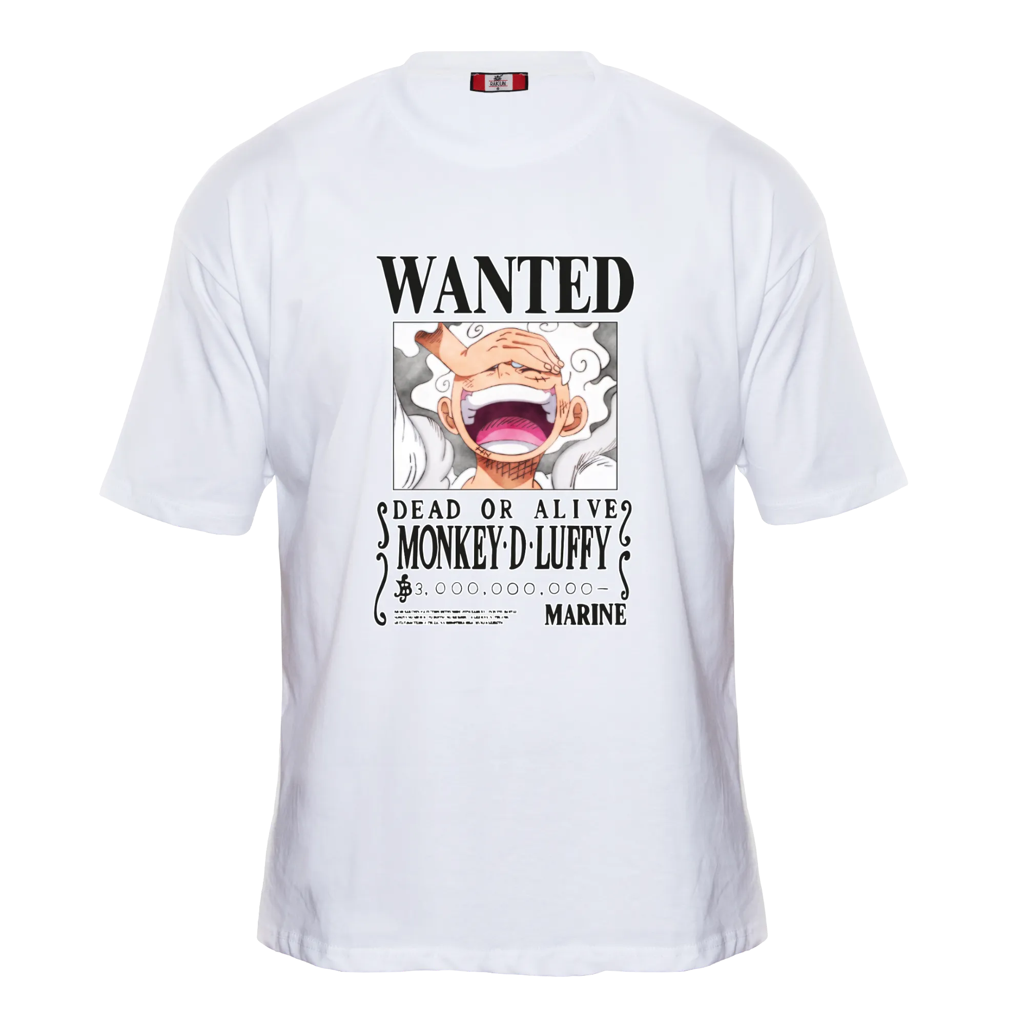 White T-shirt featuring 'Luffy's New Bounty' graphic with Monkey D. Luffy, alias Sun God Nika, from One Piece.