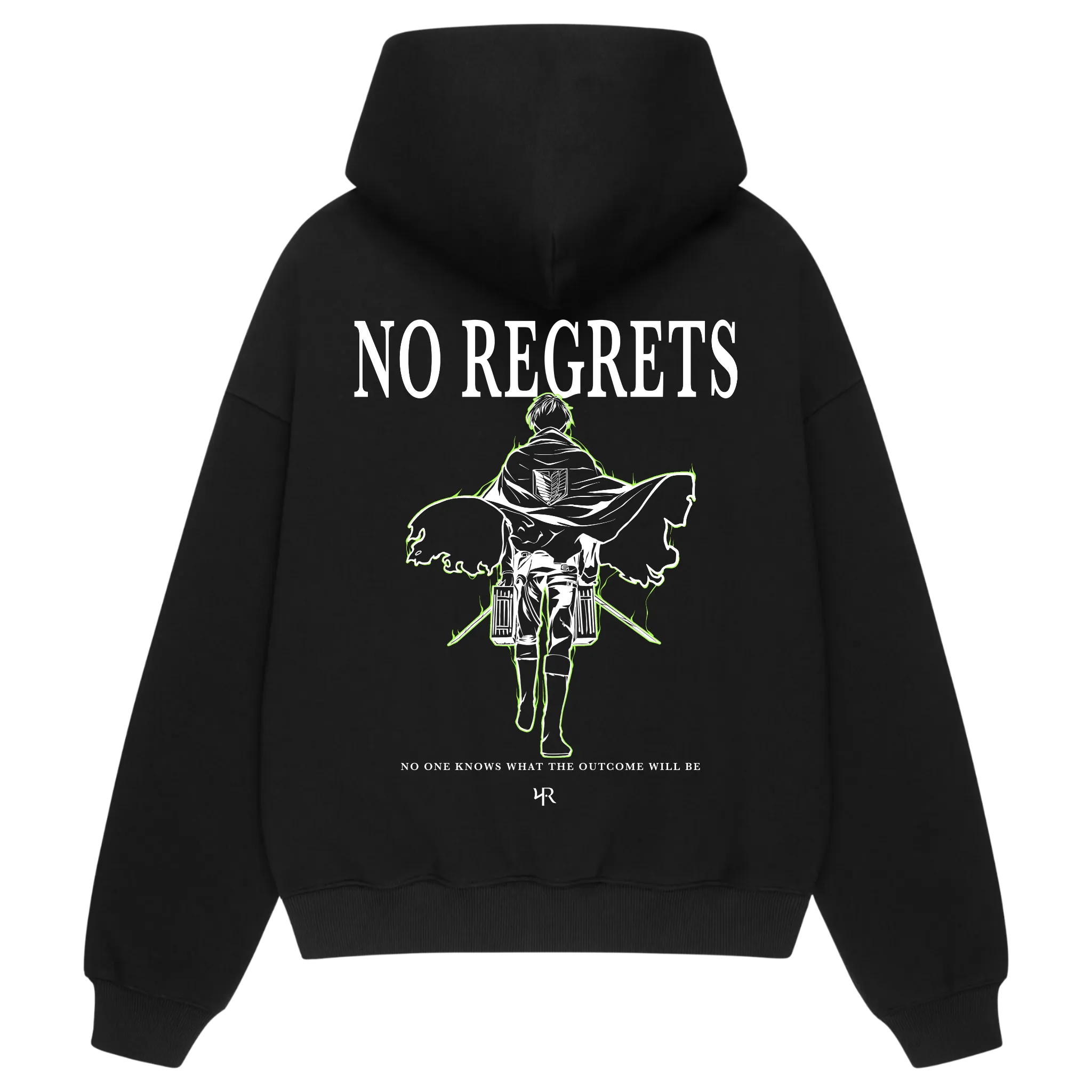 Back view of NO REGRETS 2.0 hoodie — Levi Ackerman inspired design from Attack on Titan, detailed anime artwork on premium black hoodie.