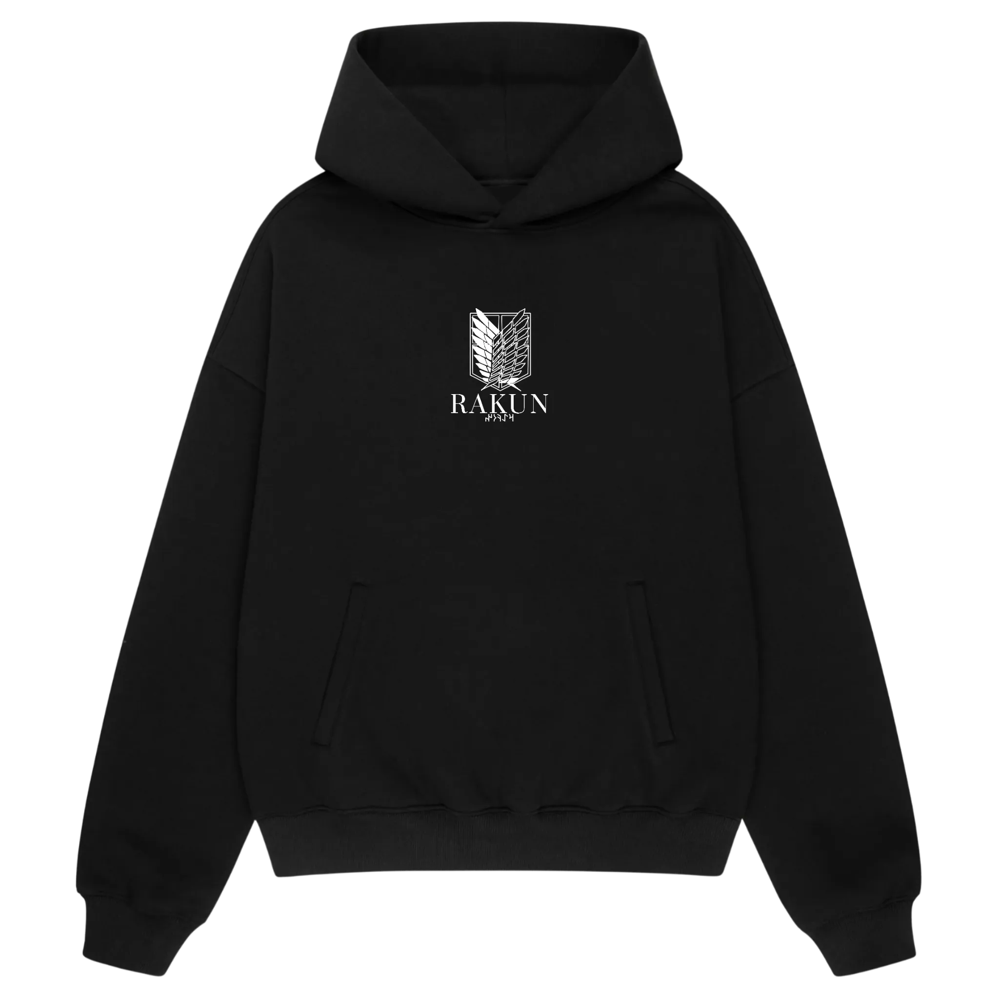 Front view of RAKUN NO REGRETS 2.0 hoodie — minimalist chest logo, clean premium streetwear with anime influence.