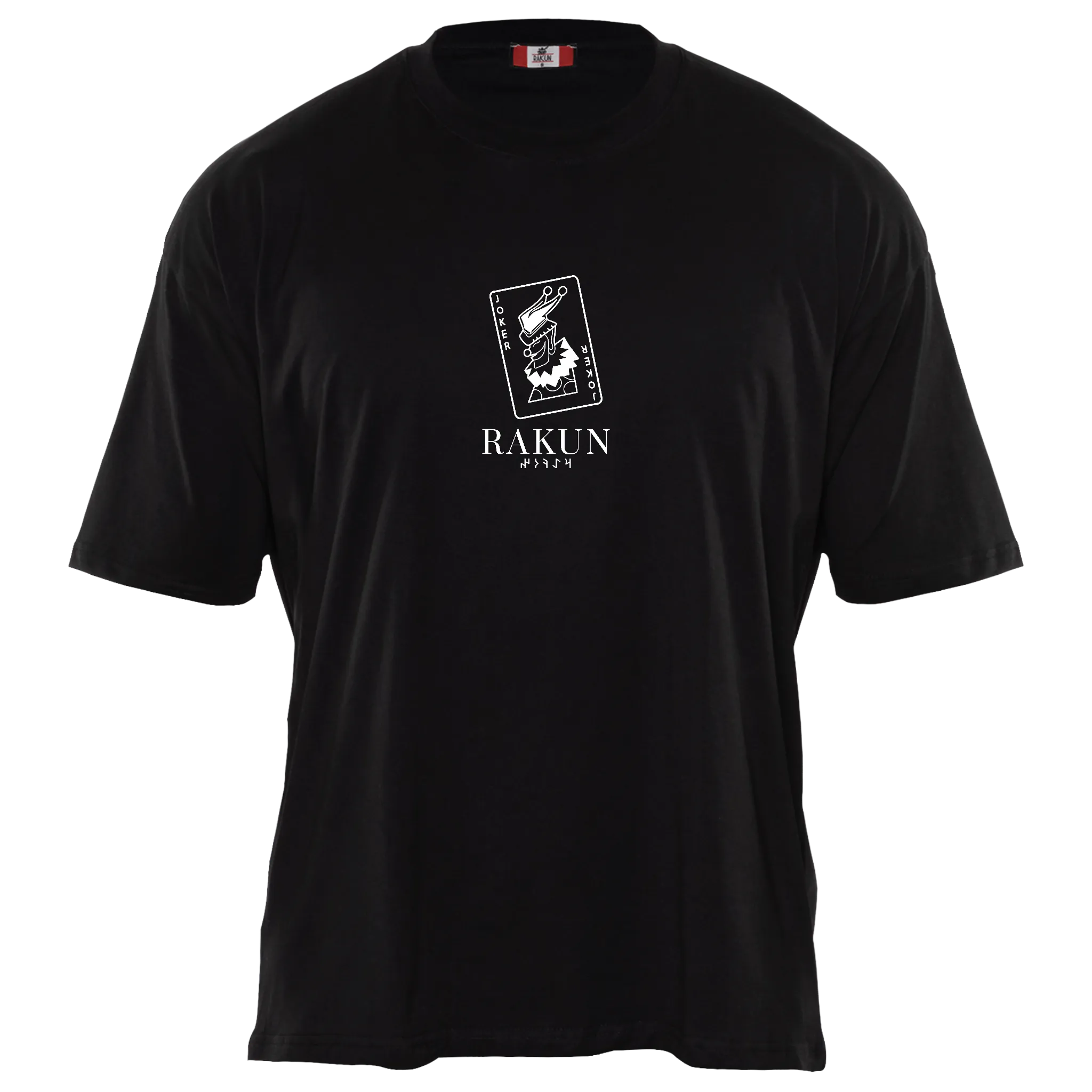 Front view of black RAKUN OBSESSION T-shirt — minimalist chest logo, sleek dark anime streetwear aesthetic.