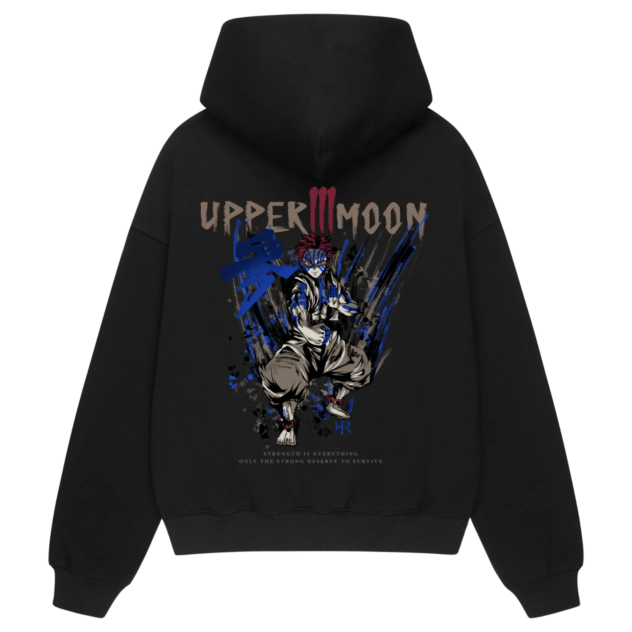 Back view of UPPER MOON 3 Akaza hoodie — detailed demon design inspired by Demon Slayer, printed on premium black cotton hoodie.