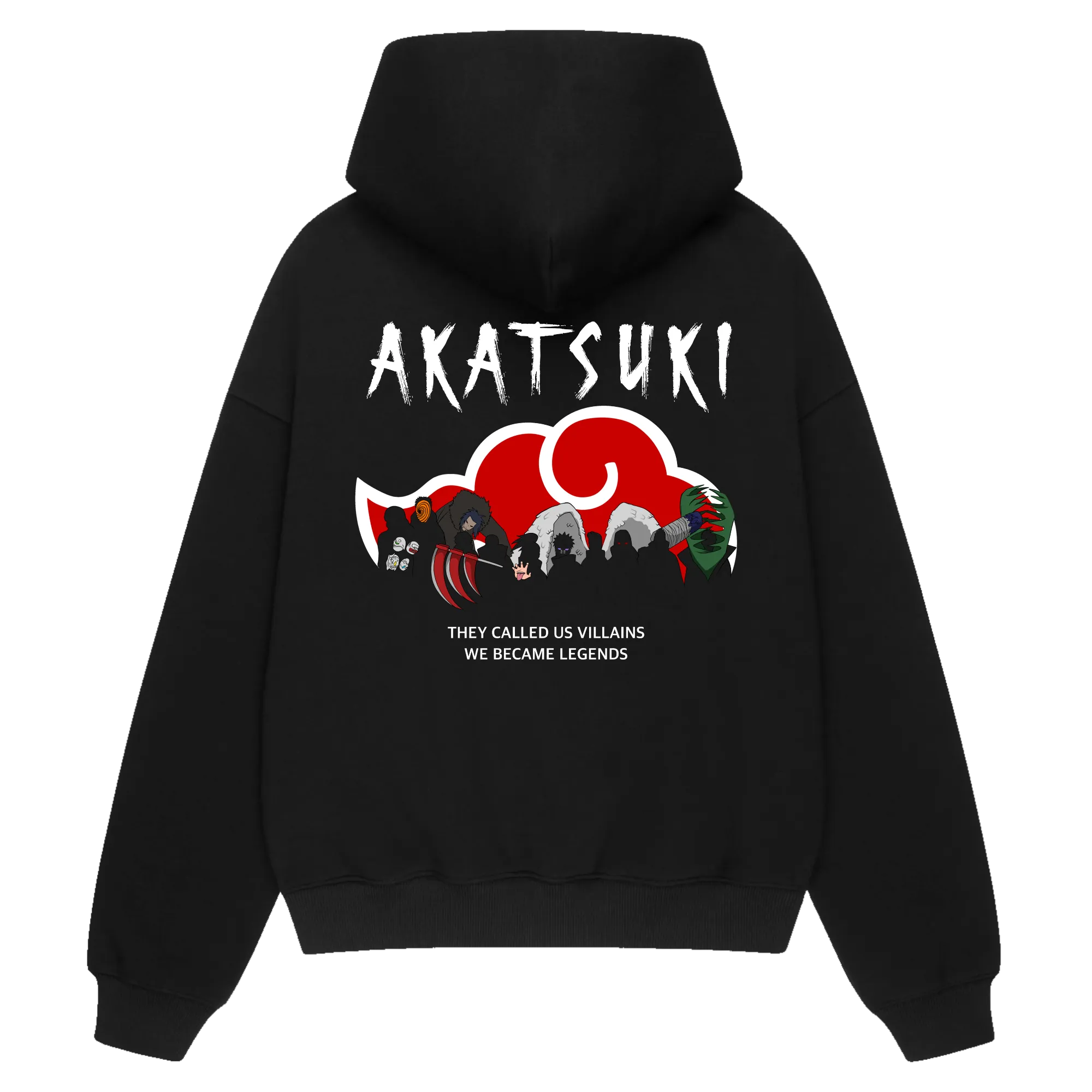 AKATSUKI LEGENDS Premium Anime Hoodie – Black – Back View with Rogue Clan Silhouettes – Streetwear by RAKUN