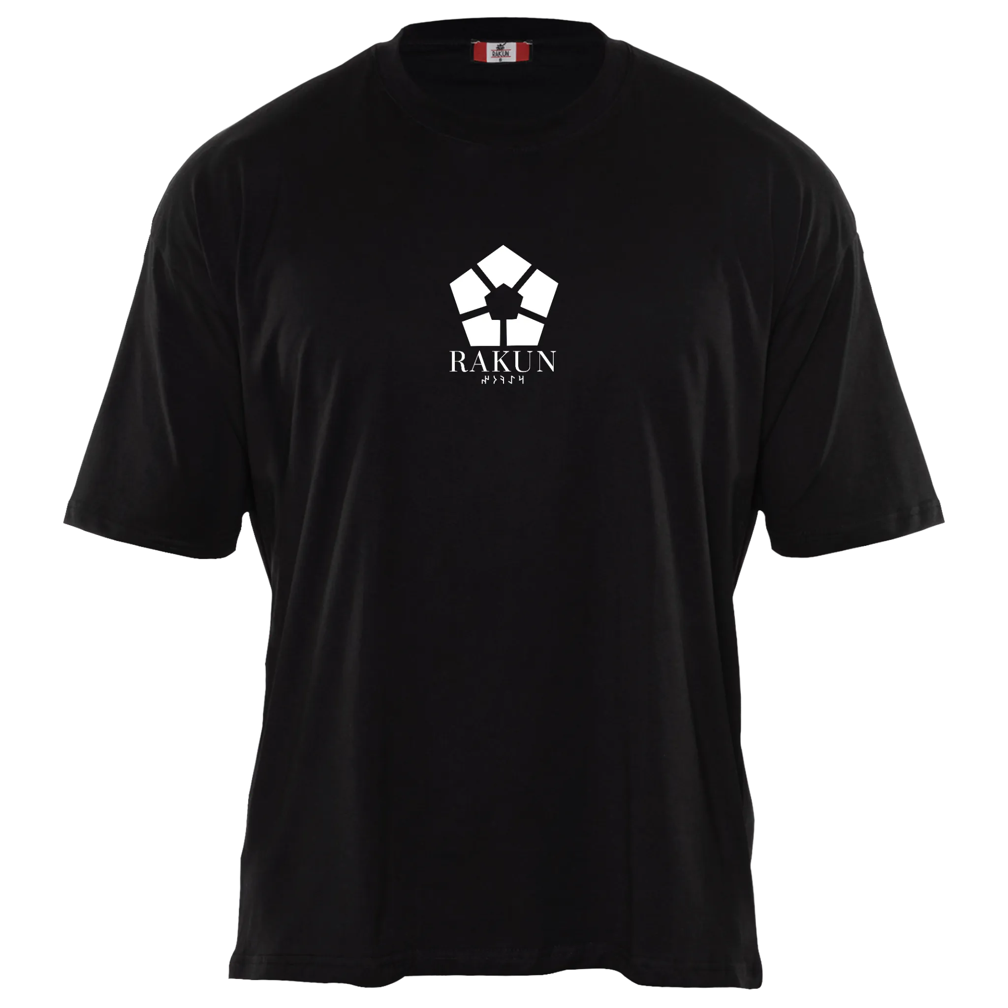 Front view of black RAKUN EGOIST T-shirt — minimalist logo on chest, clean anime-inspired premium streetwear look.