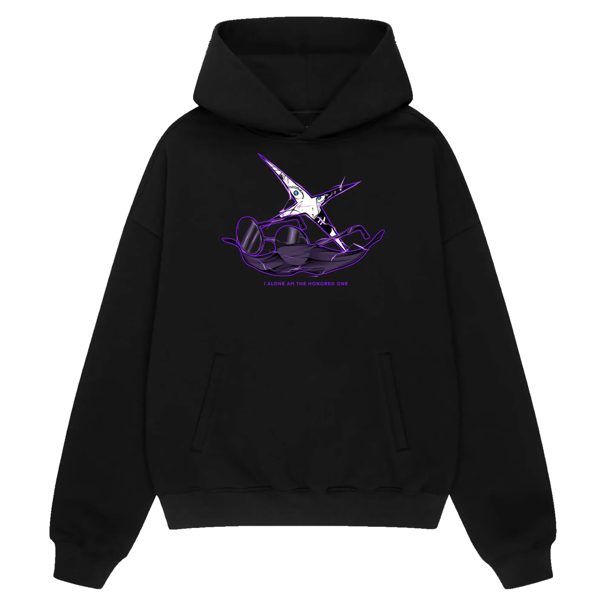 HONORED ONE Premium Anime Hoodie – Black – Front View – Streetwear by RAKUN