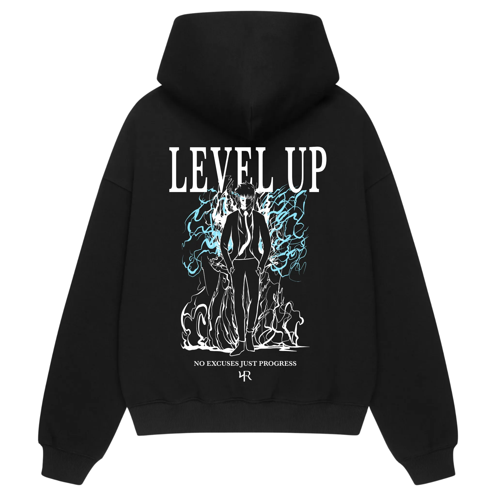 Back view of LEVEL UP 2.0 hoodie — Solo Leveling inspired Sung Jin-Woo design, detailed anime artwork on premium black hoodie by RAKUN.