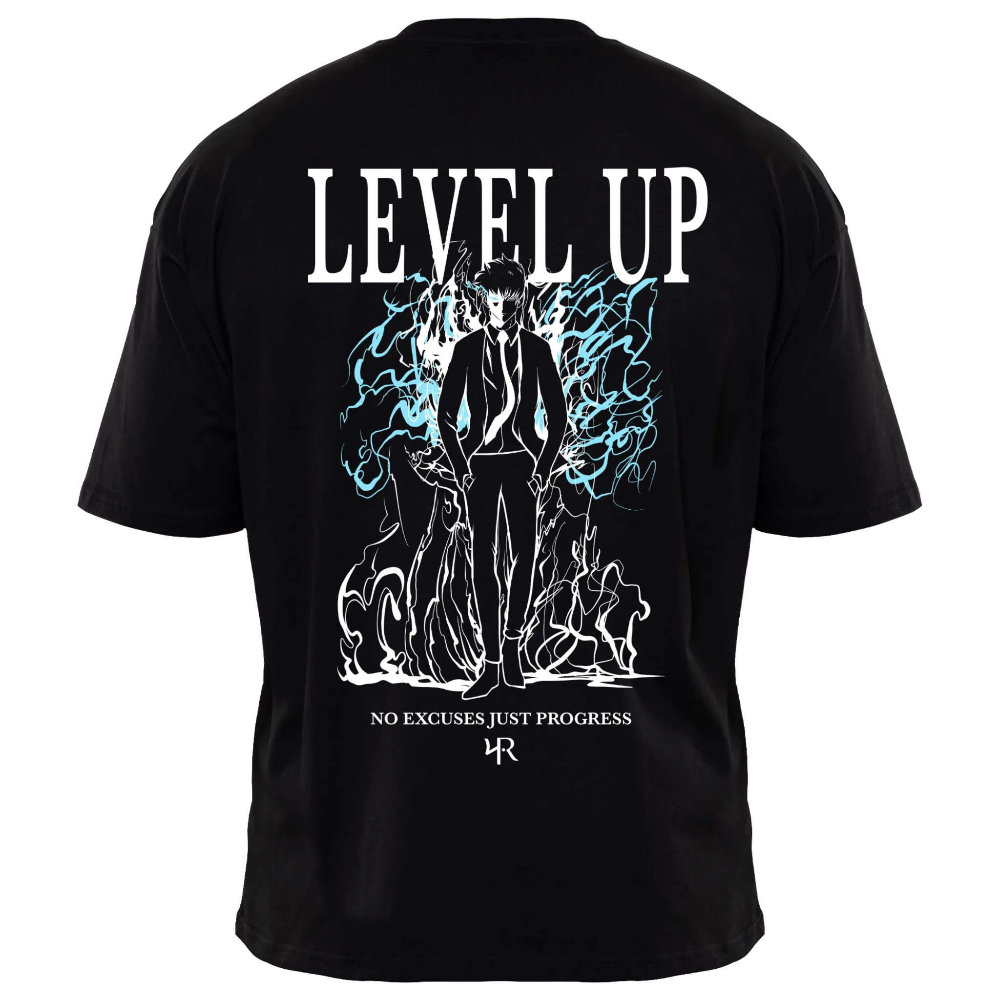 Back view of black LEVEL UP 2.0 T-shirt — Solo Leveling inspired Sung Jin-Woo design, detailed anime artwork on premium cotton shirt by RAKUN.