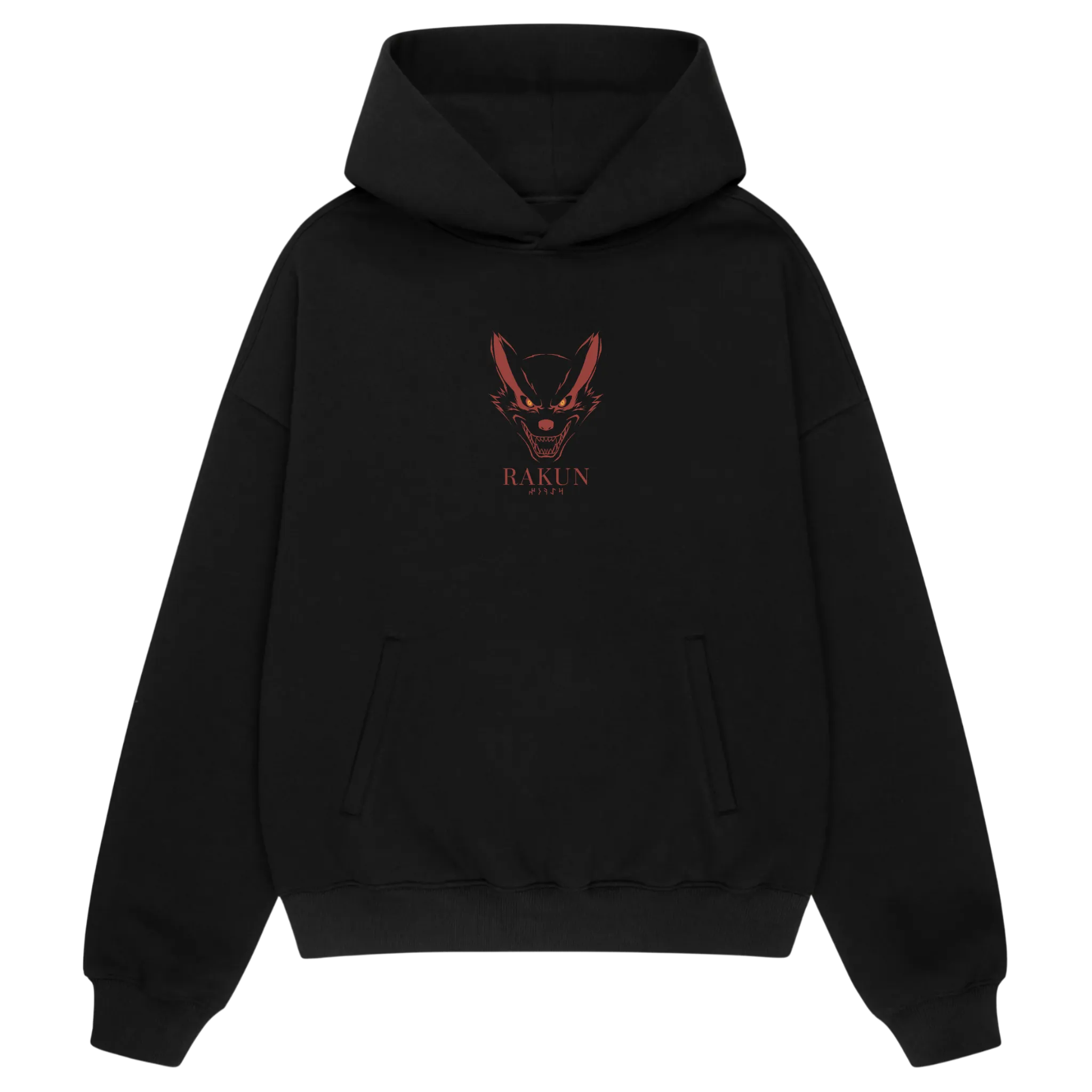 Front view of RAKUN SAGE MODE hoodie — minimalist chest logo, clean and powerful anime streetwear style.