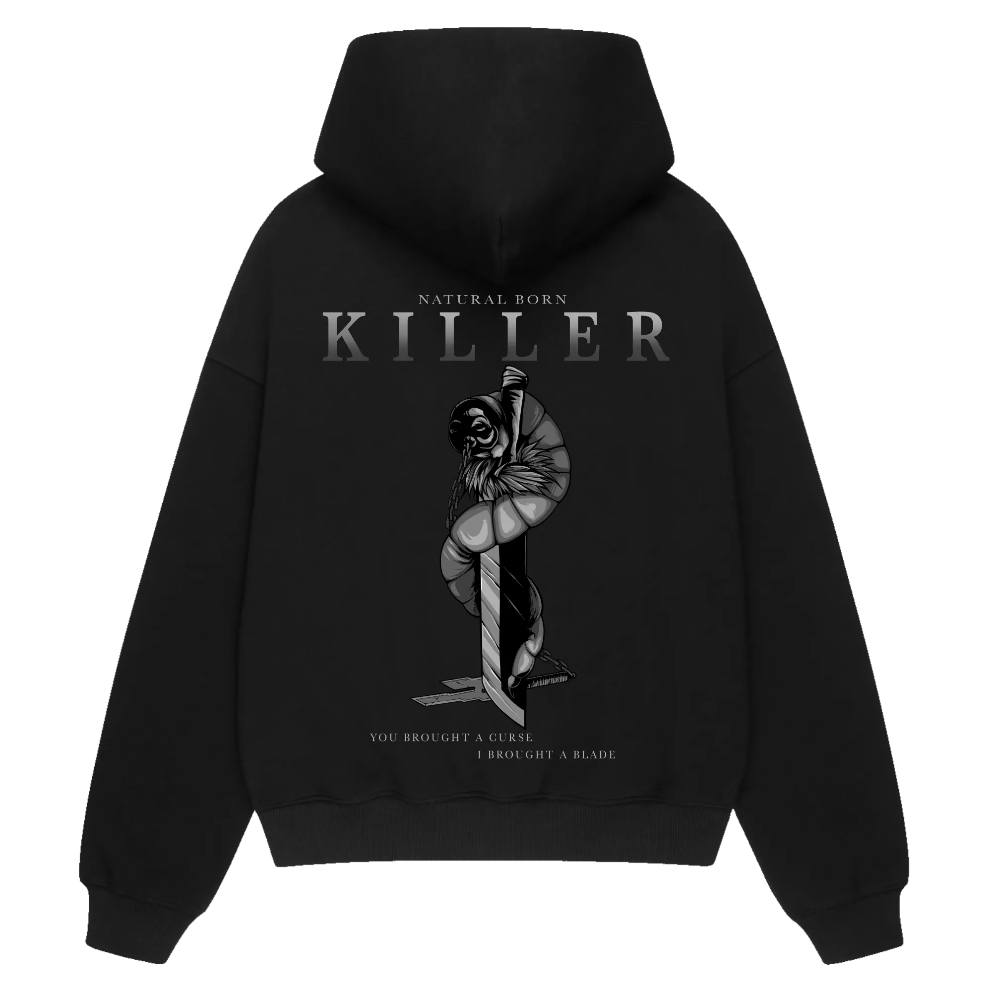 NATURAL BORN KILLER Premium Anime Hoodie – Black – Back View with Sorcerer Killer Design – Streetwear by RAKUN