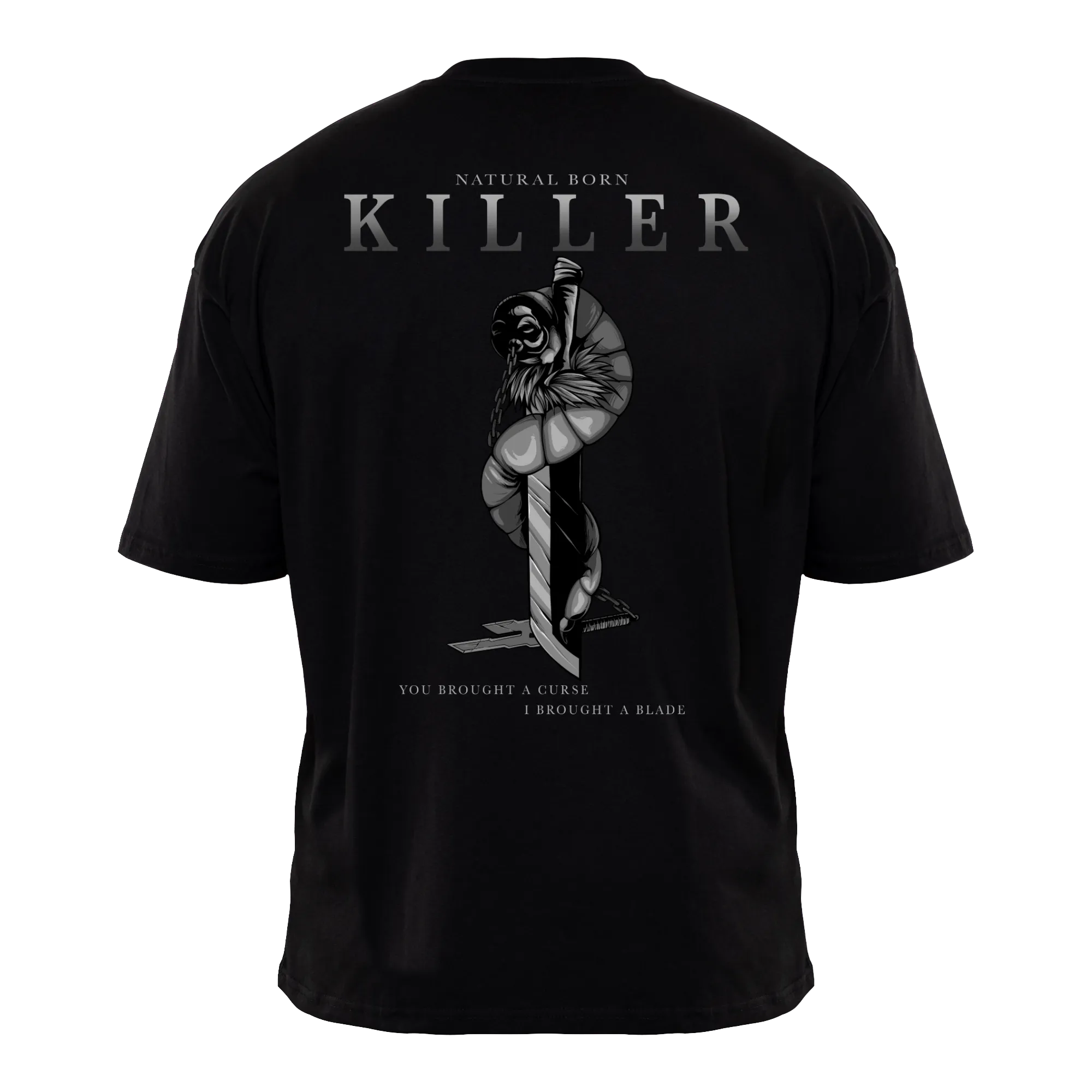 NATURAL BORN KILLER Premium Anime T-Shirt – Black – Back View with Sorcerer Killer Design – Streetwear by RAKUN