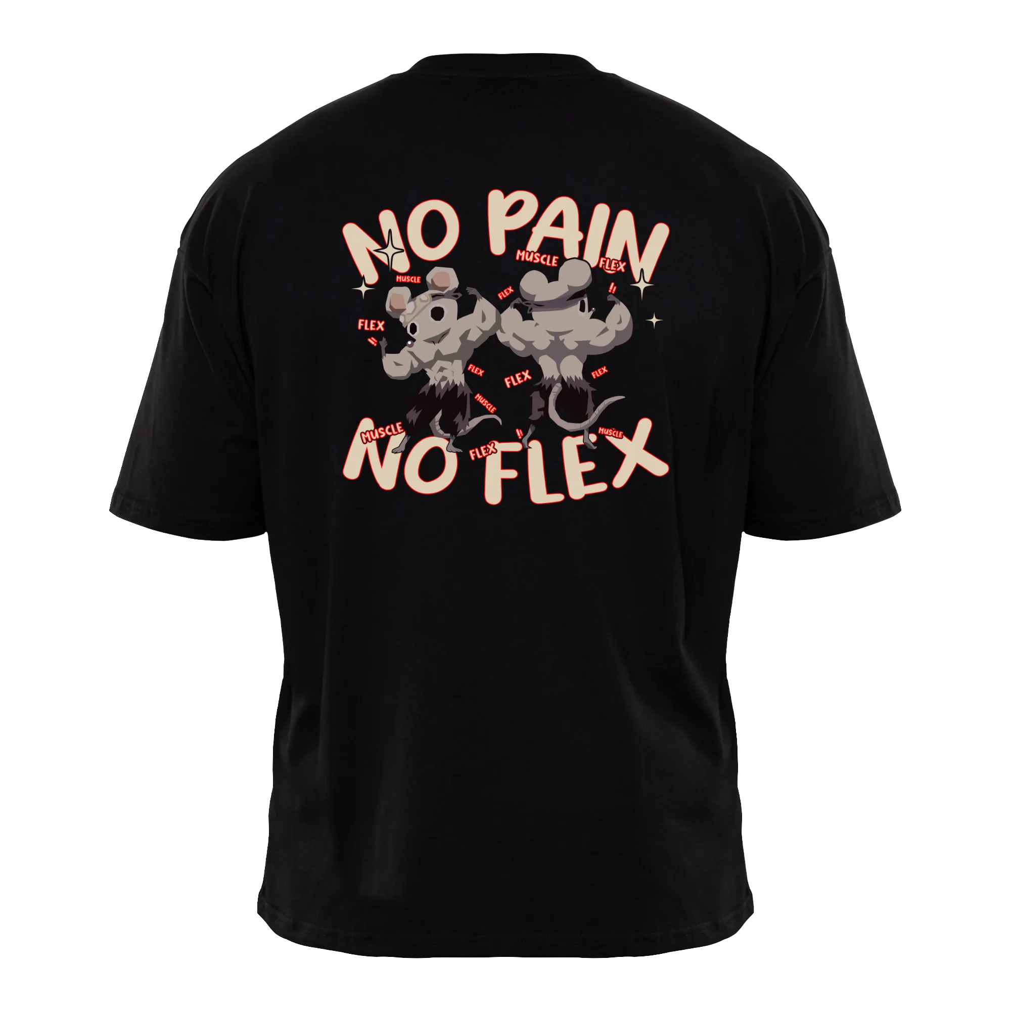 Black gym T-shirt featuring a bold 'No Pain No Flex' print with Muscle Mice design. Demon Slayer Merch, ideal for fitness enthusiasts.