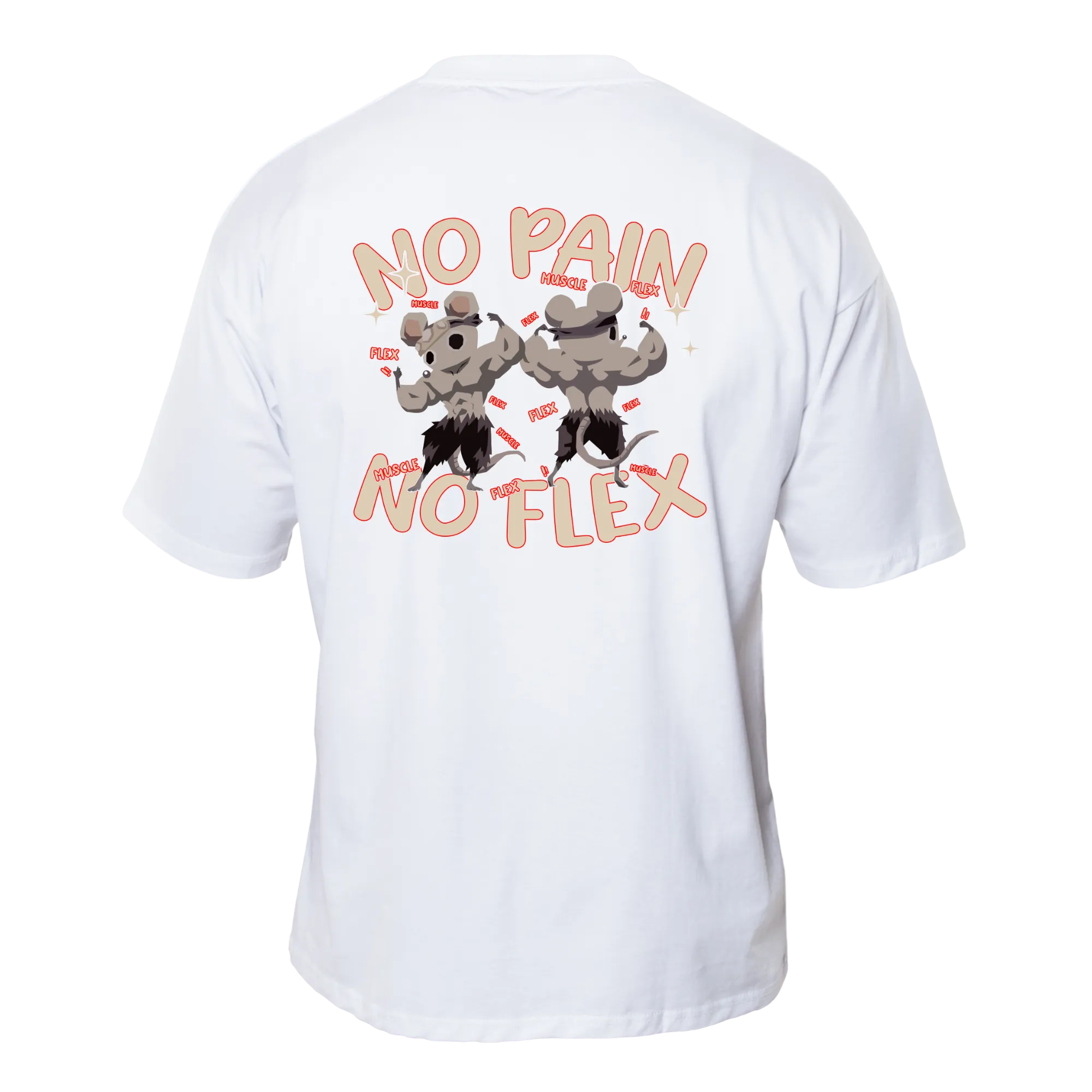 White gym T-shirt with a striking 'No Pain No Flex' print, Muscle Mice T-Shirt, Demon Slayer Merch, ideal for fitness enthusiasts.