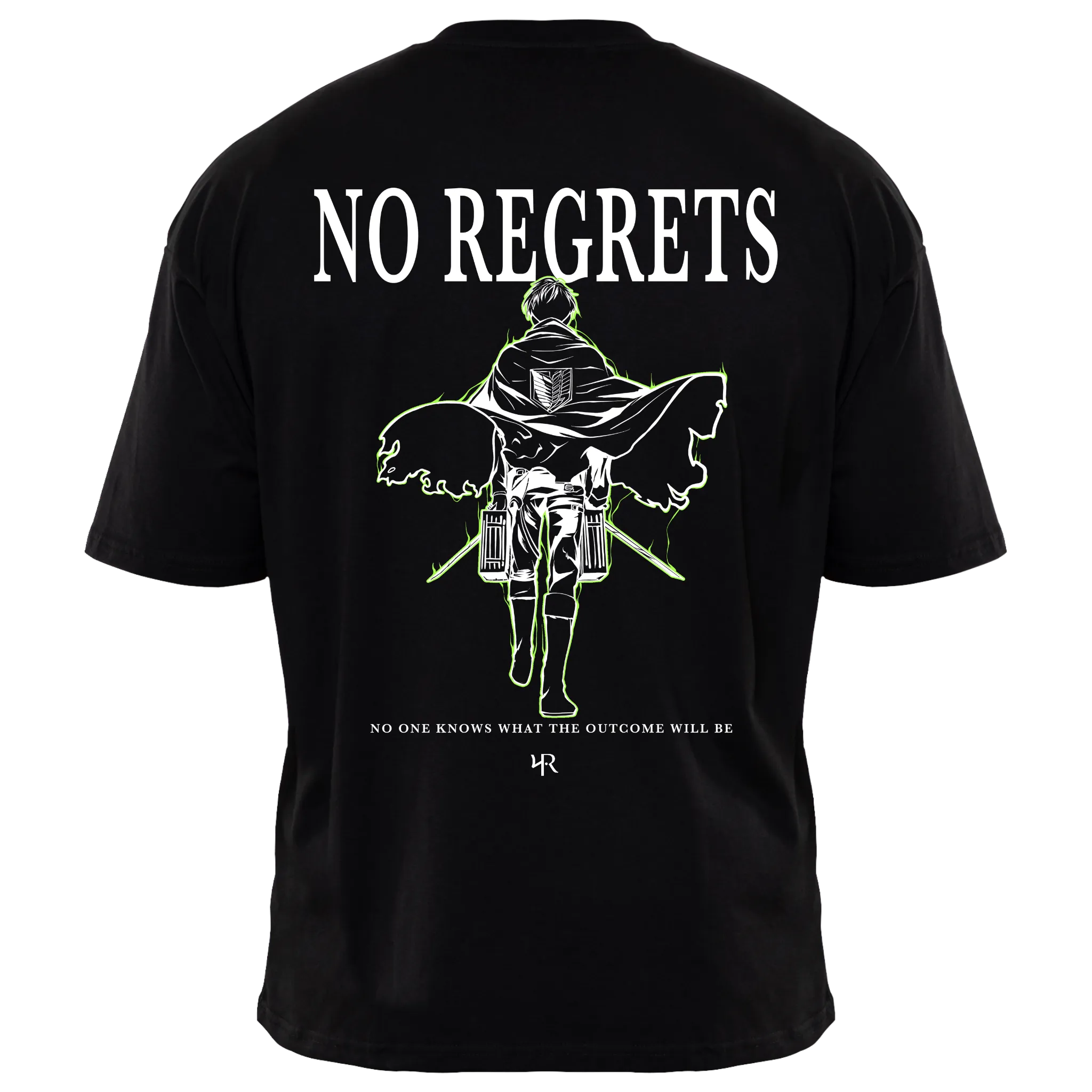 Back view of black NO REGRETS 2.0 T-shirt — Levi Ackerman inspired design from Attack on Titan, detailed anime print on premium cotton shirt by RAKUN.