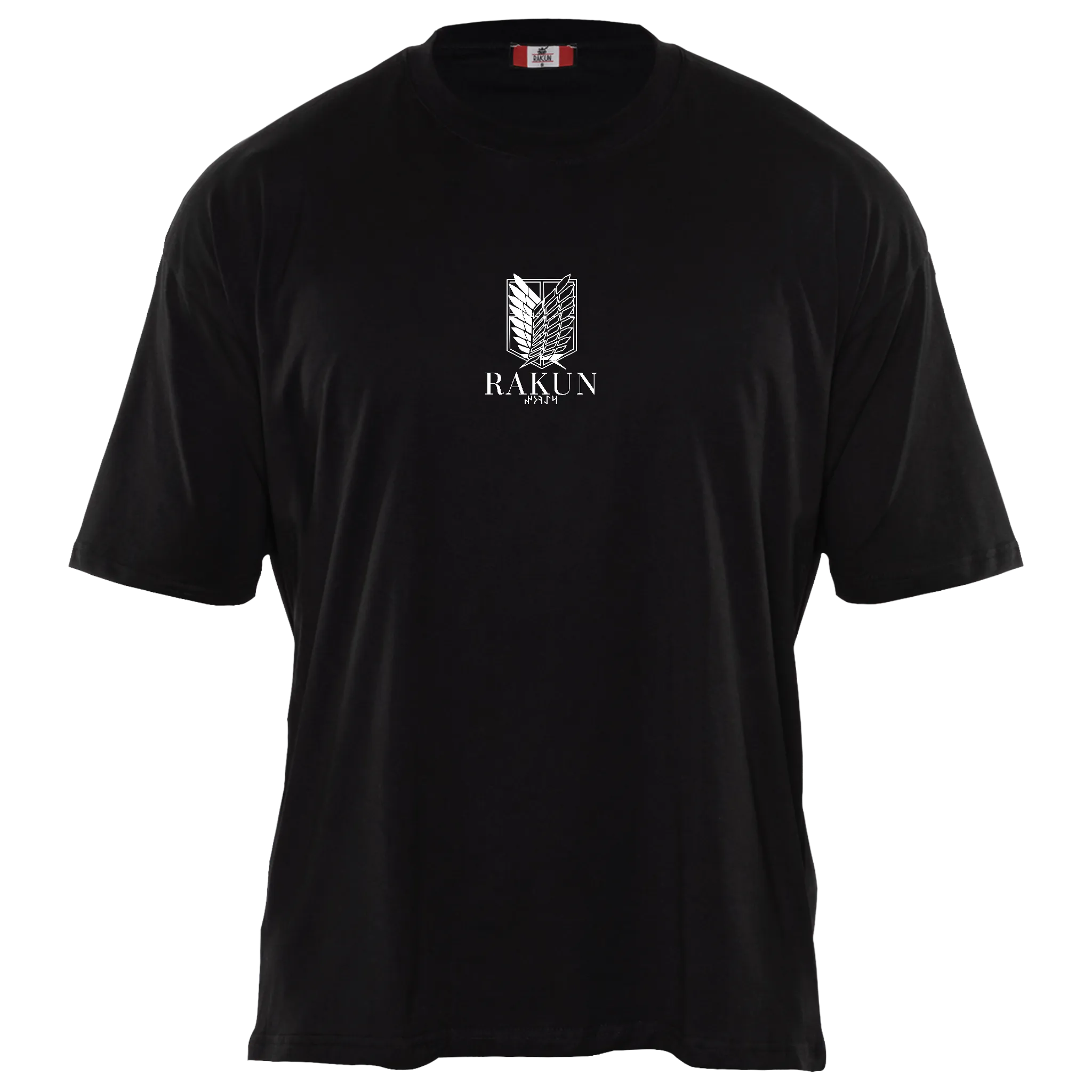 Front view of black RAKUN NO REGRETS 2.0 T-shirt — minimalist chest logo, clean anime streetwear with premium finish.