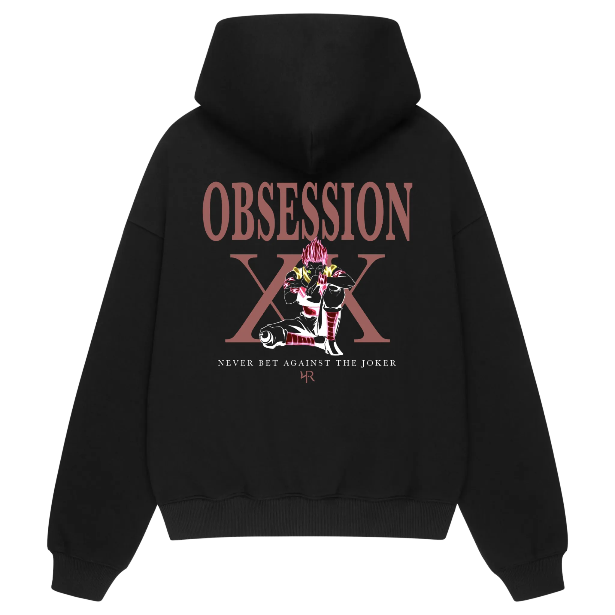 Back view of OBSESSION hoodie — Hisoka-inspired design from Hunter x Hunter, detailed anime artwork printed on premium black hoodie.