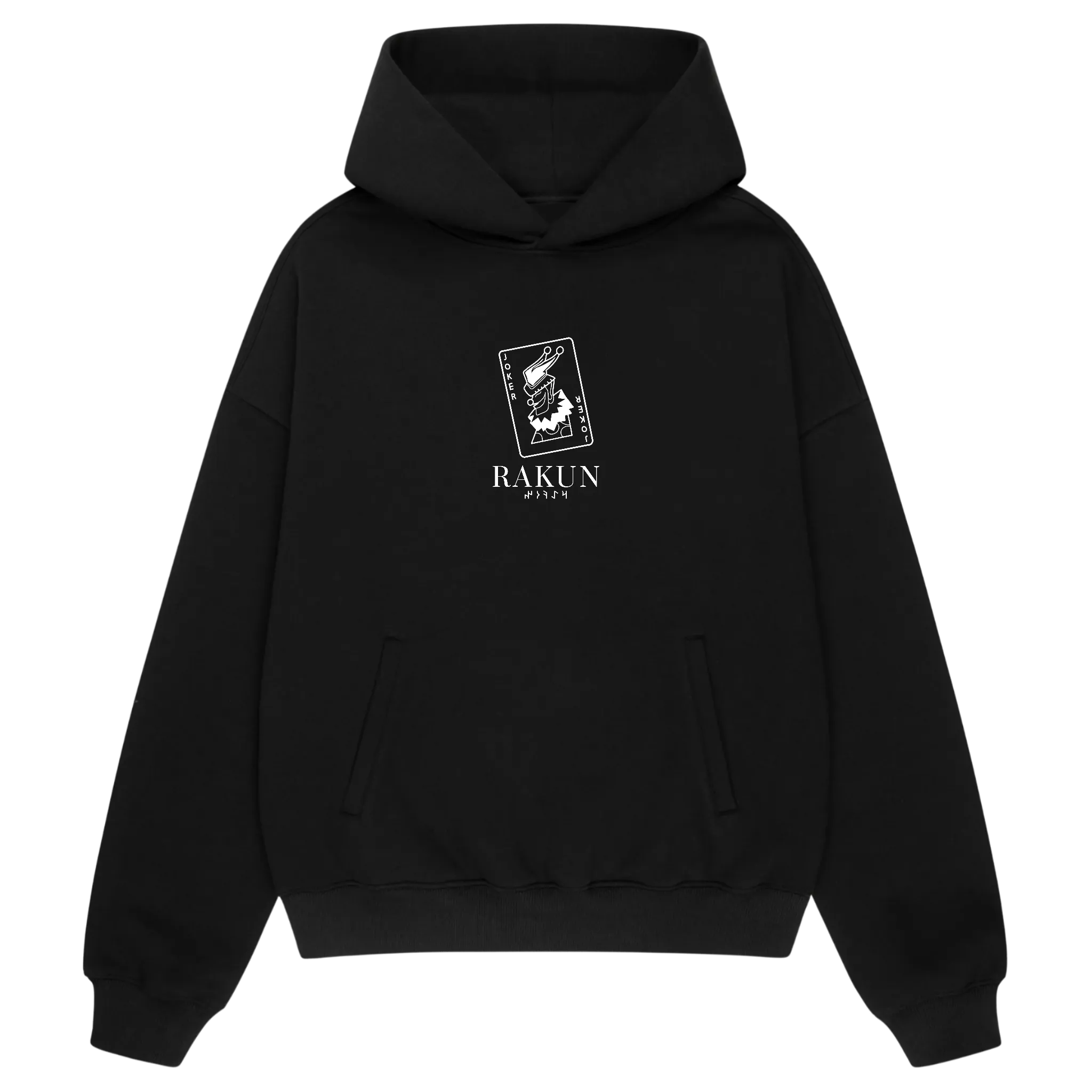 Front view of RAKUN OBSESSION hoodie — subtle chest logo, minimalist premium streetwear with anime influence.