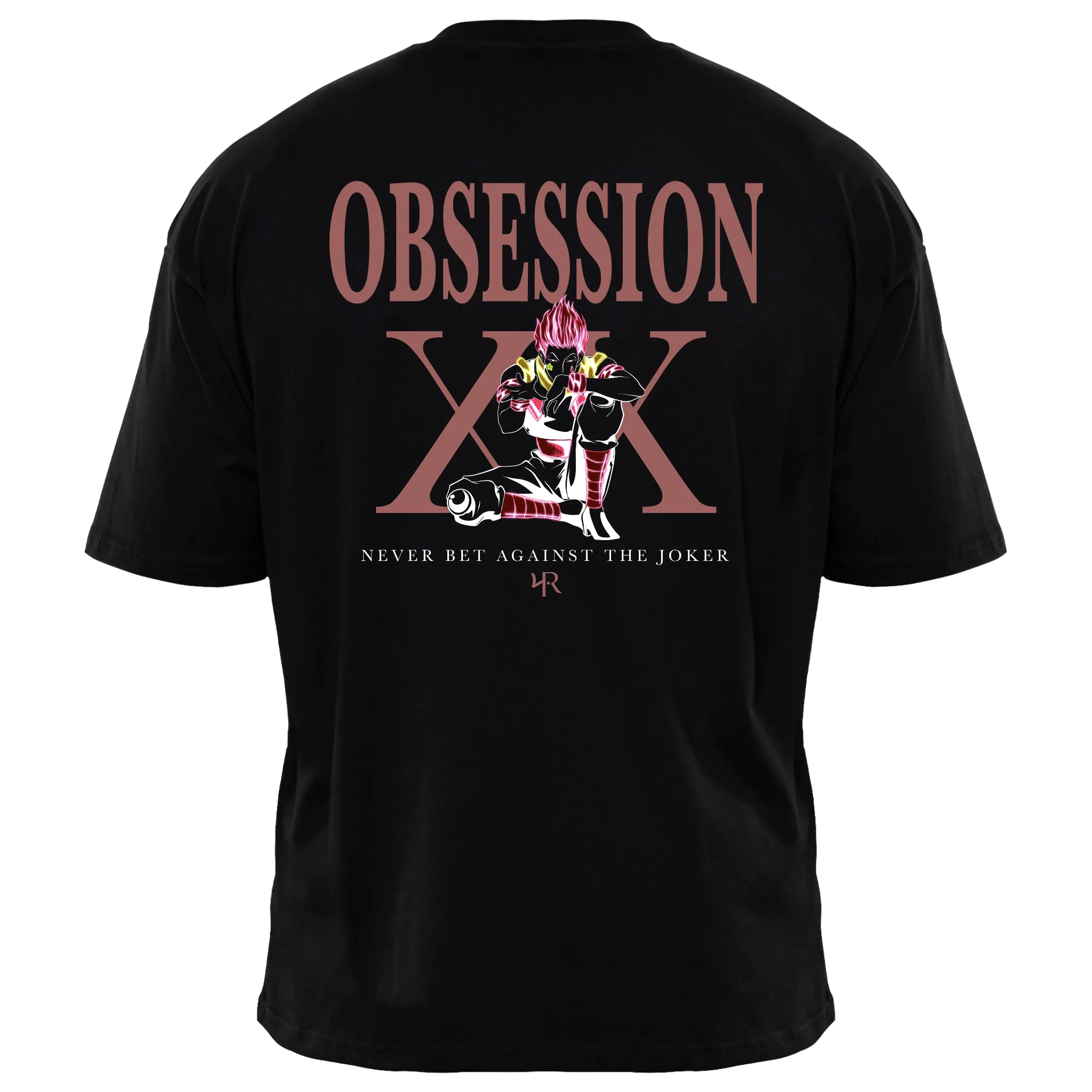 Back view of black OBSESSION T-shirt — Hisoka inspired design from Hunter x Hunter, detailed anime print on premium cotton shirt by RAKUN.