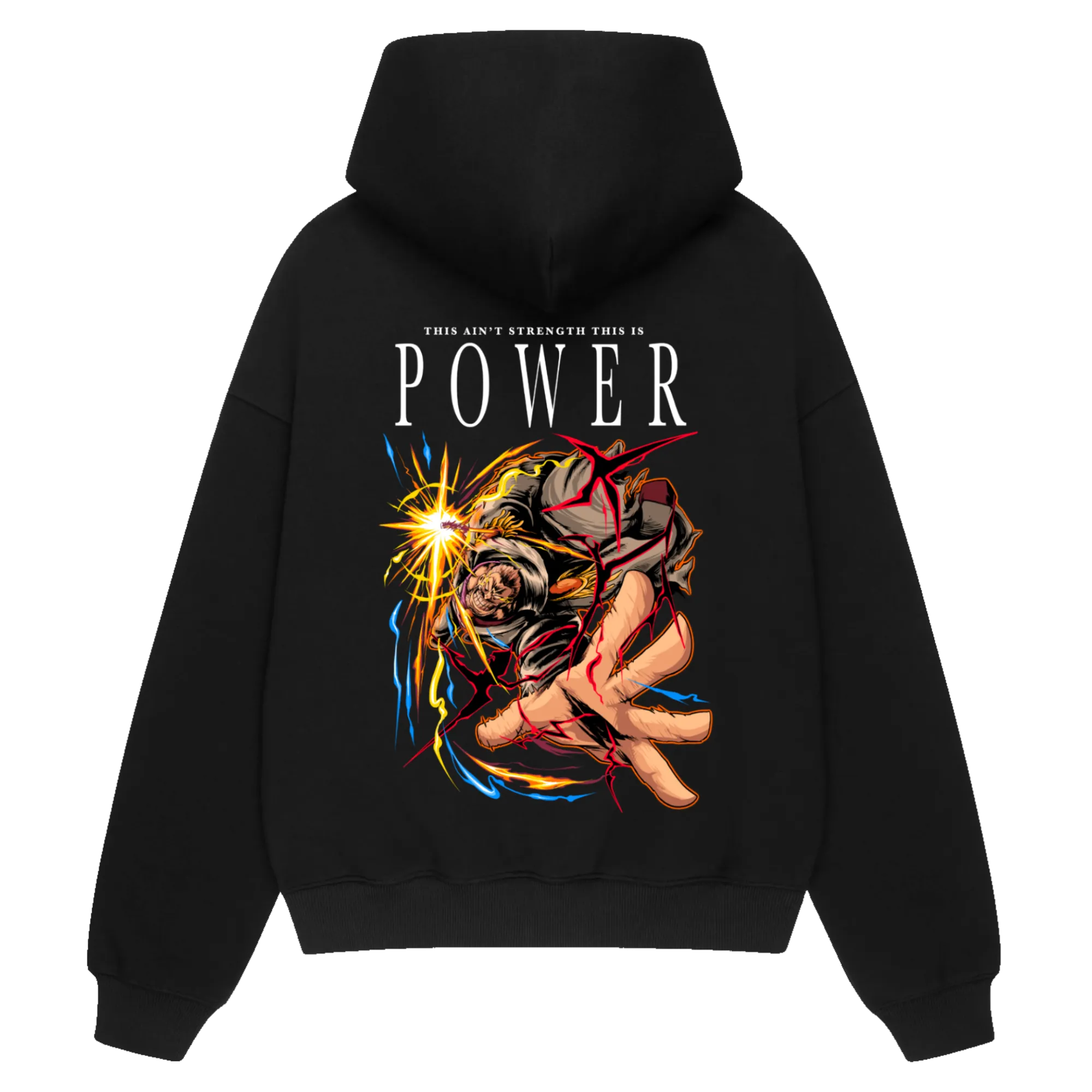 POWER Premium Anime Hoodie – Black – Back View with Galaxy Impact Design – Streetwear by RAKUN
