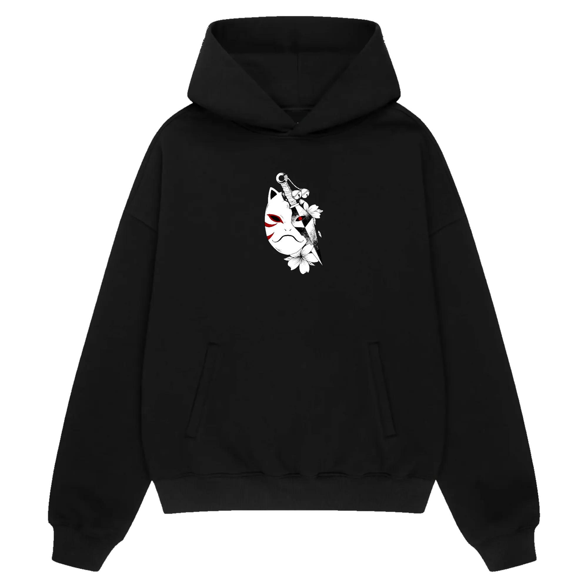 RULE BREAKER Premium Anime Hoodie – Black – Front View with Mask and Kunai – Streetwear by RAKUN