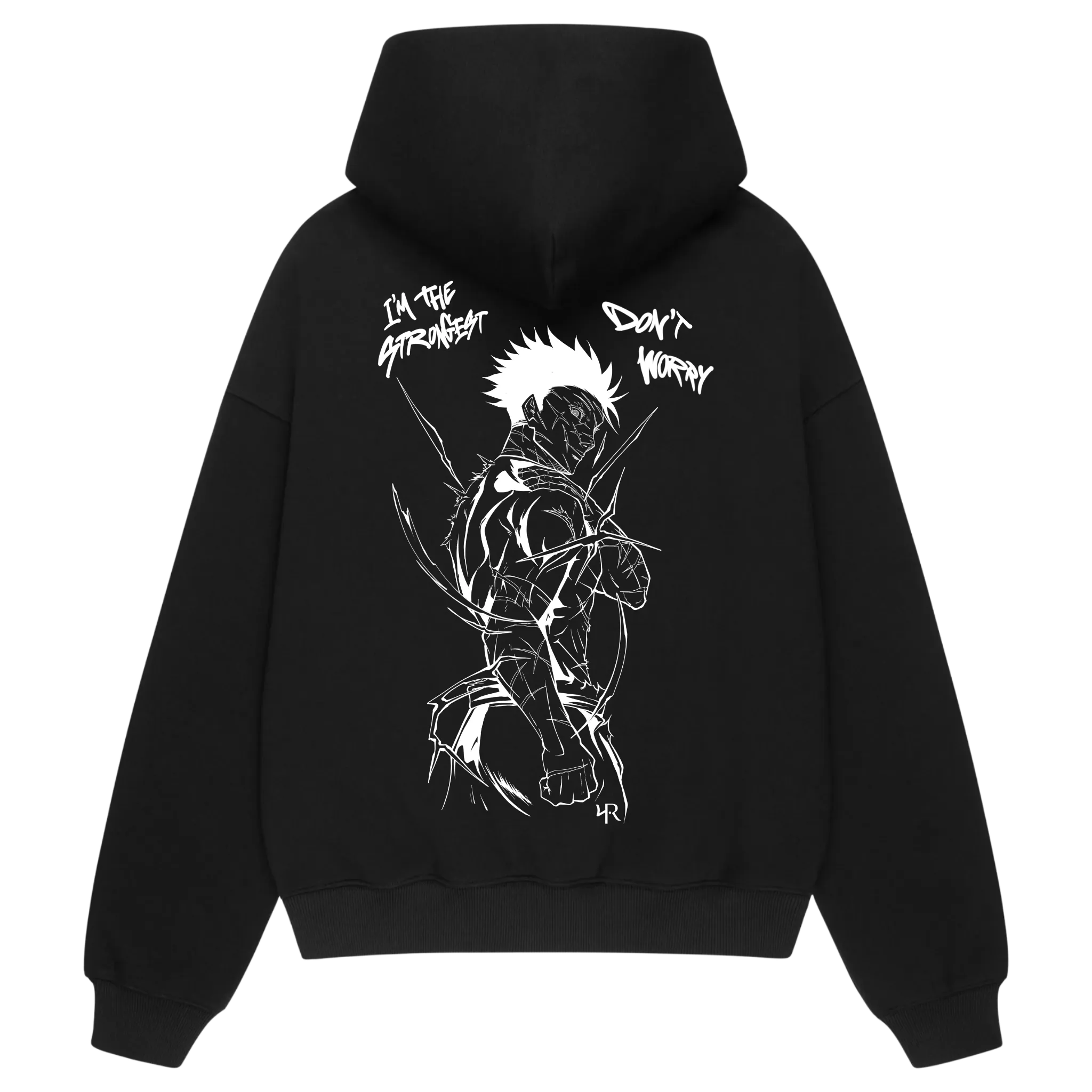 Back view of THE STRONGEST 2.0 hoodie — Gojo Satoru inspired design from Jujutsu Kaisen, detailed anime print on premium black hoodie.