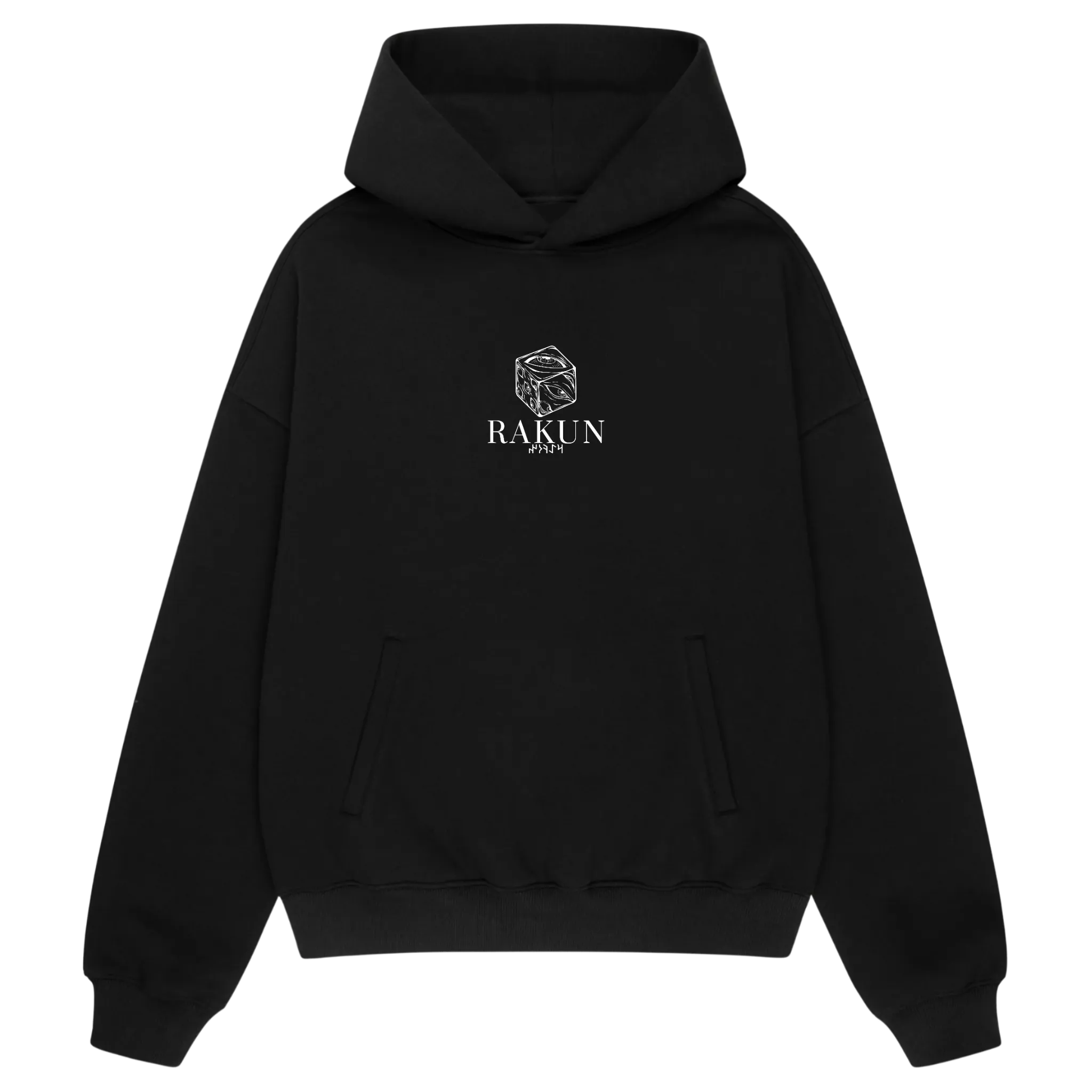 Front view of RAKUN THE STRONGEST 2.0 hoodie — minimalist chest logo, sleek anime streetwear aesthetic.
