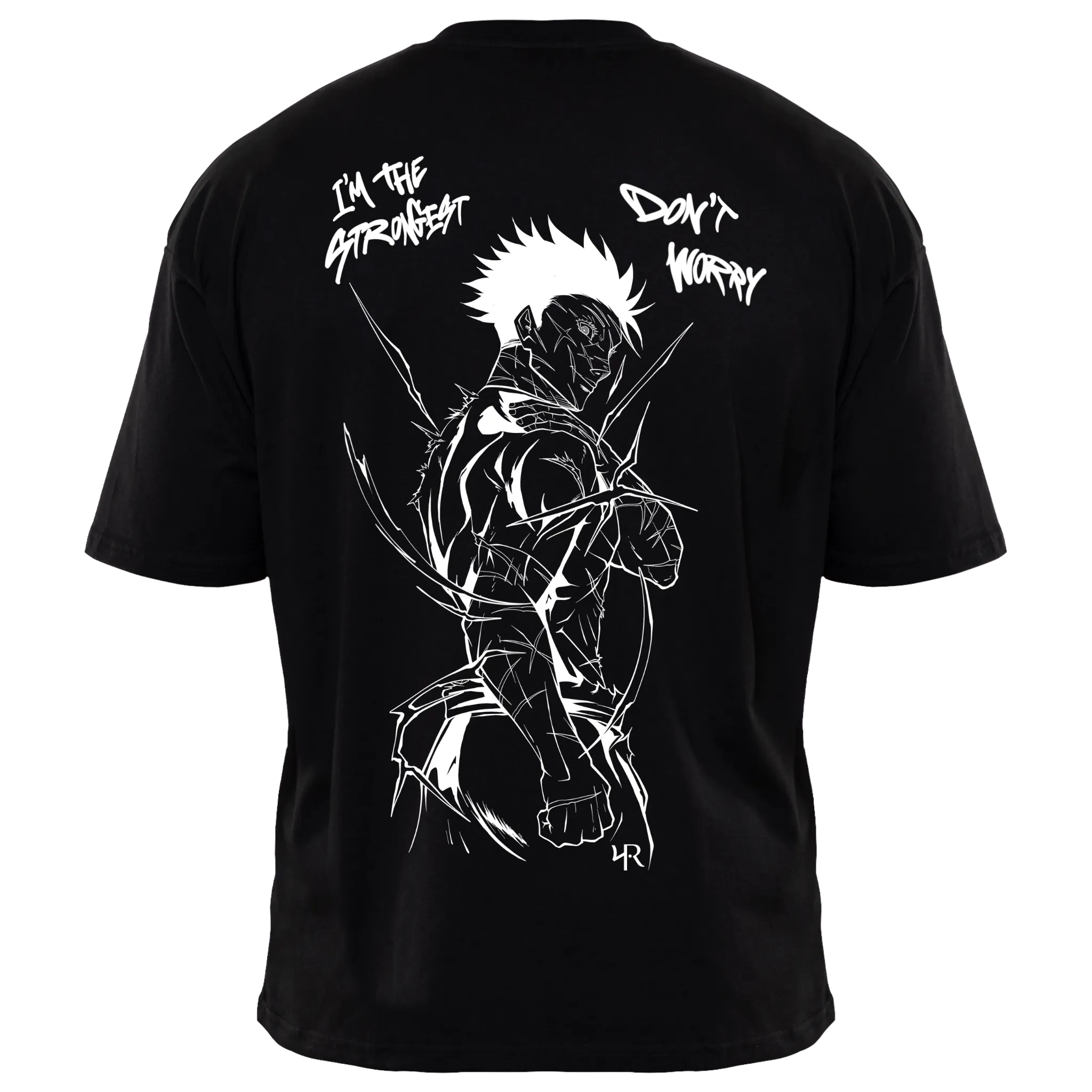 Back view of black THE STRONGEST 2.0 T-shirt — Gojo Satoru inspired design from Jujutsu Kaisen, detailed anime print on premium cotton shirt by RAKUN.