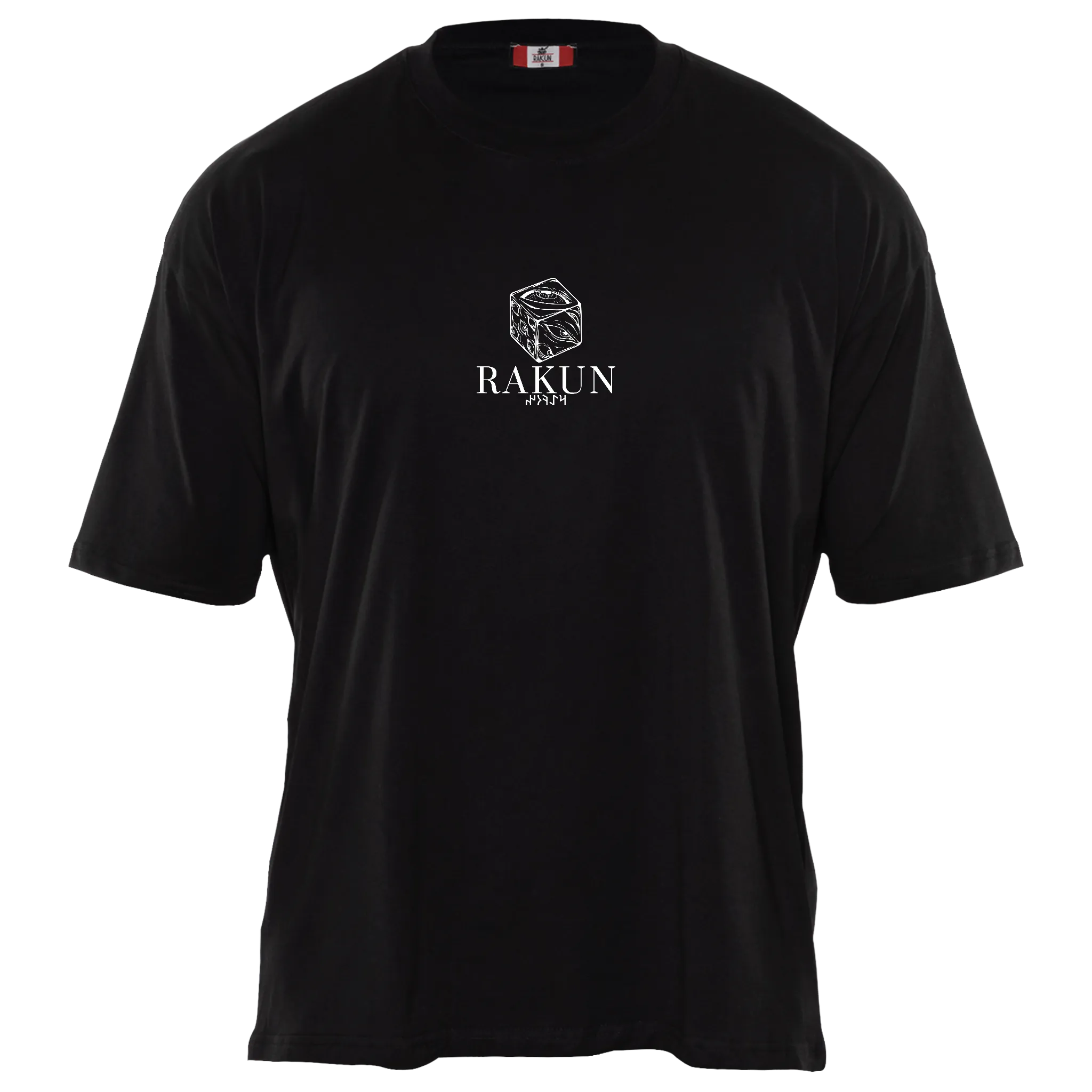 Front view of black RAKUN THE STRONGEST 2.0 T-shirt — minimalist logo on chest, clean premium anime streetwear aesthetic.