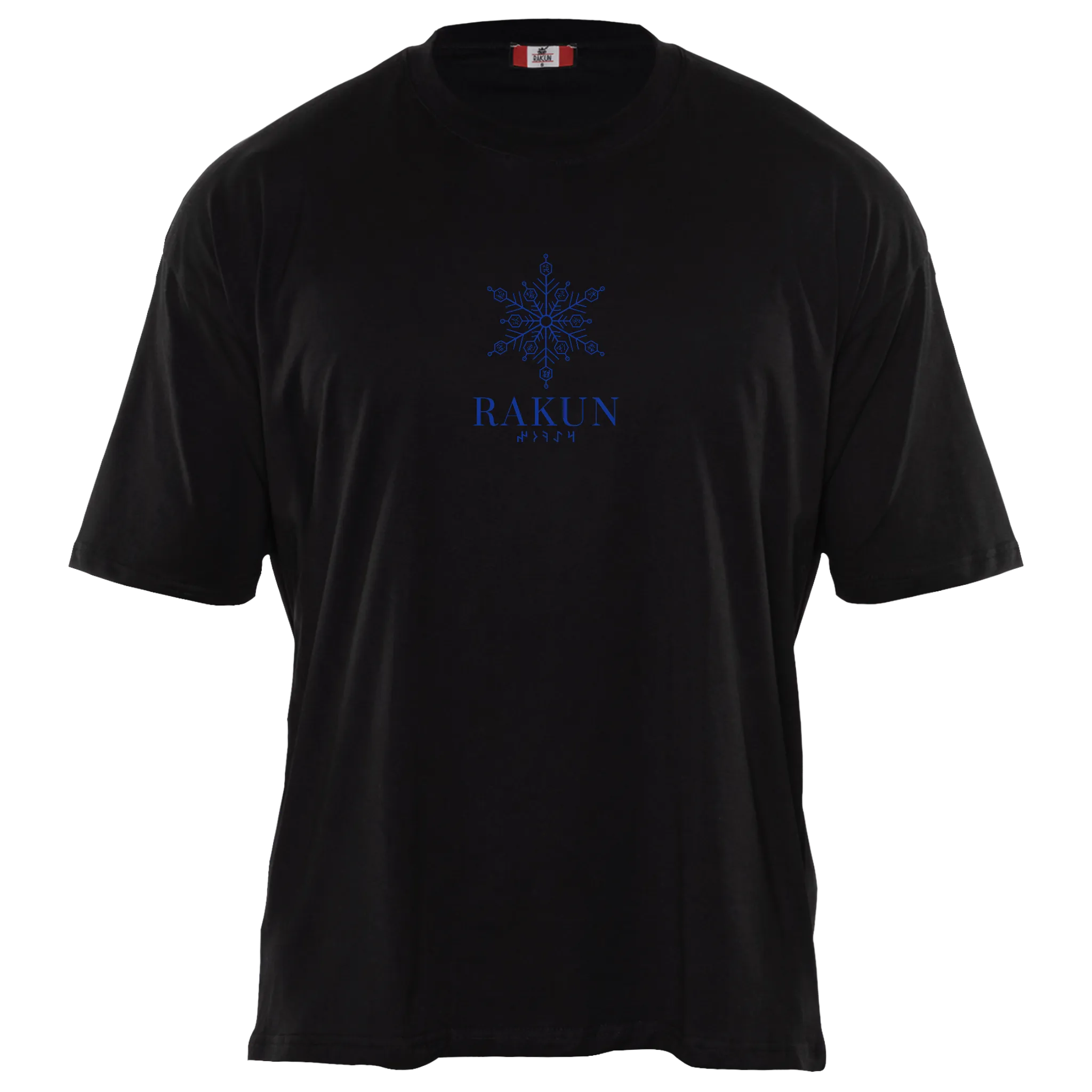 Front view of black RAKUN UPPER MOON 3 T-shirt — minimalist chest logo, clean and modern anime-inspired streetwear look.