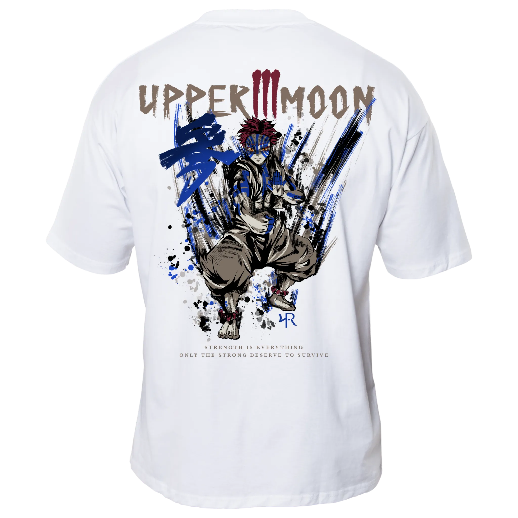 Back view of ecru UPPER MOON 3 T-shirt — Akaza inspired Demon Slayer design, bold contrast anime artwork on premium ecru cotton shirt by RAKUN.