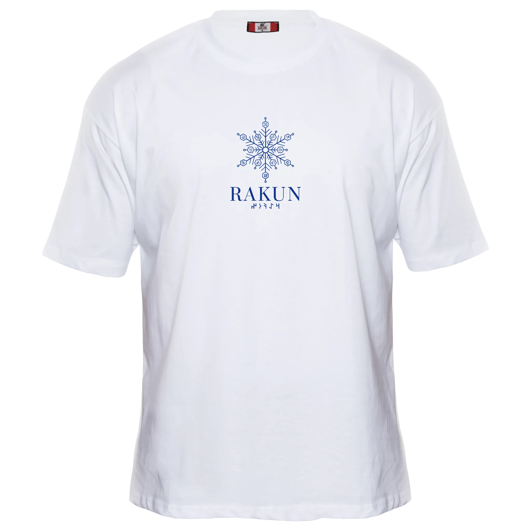 Front view of ecru RAKUN UPPER MOON 3 T-shirt — minimalist chest logo, soft tone anime streetwear aesthetic by RAKUN.